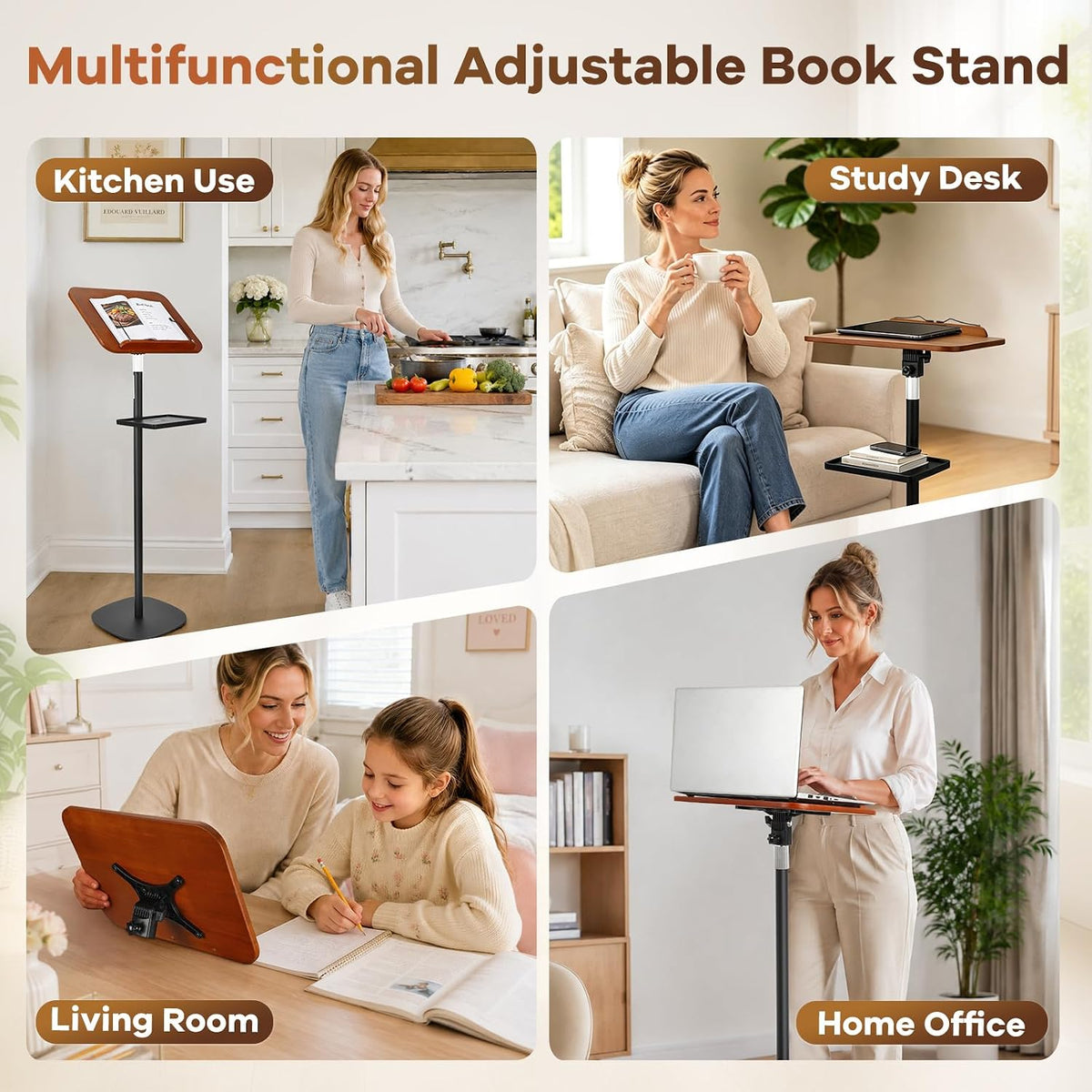 Adjustable Book Stand for Reading with Removable Tray, Solid Wood