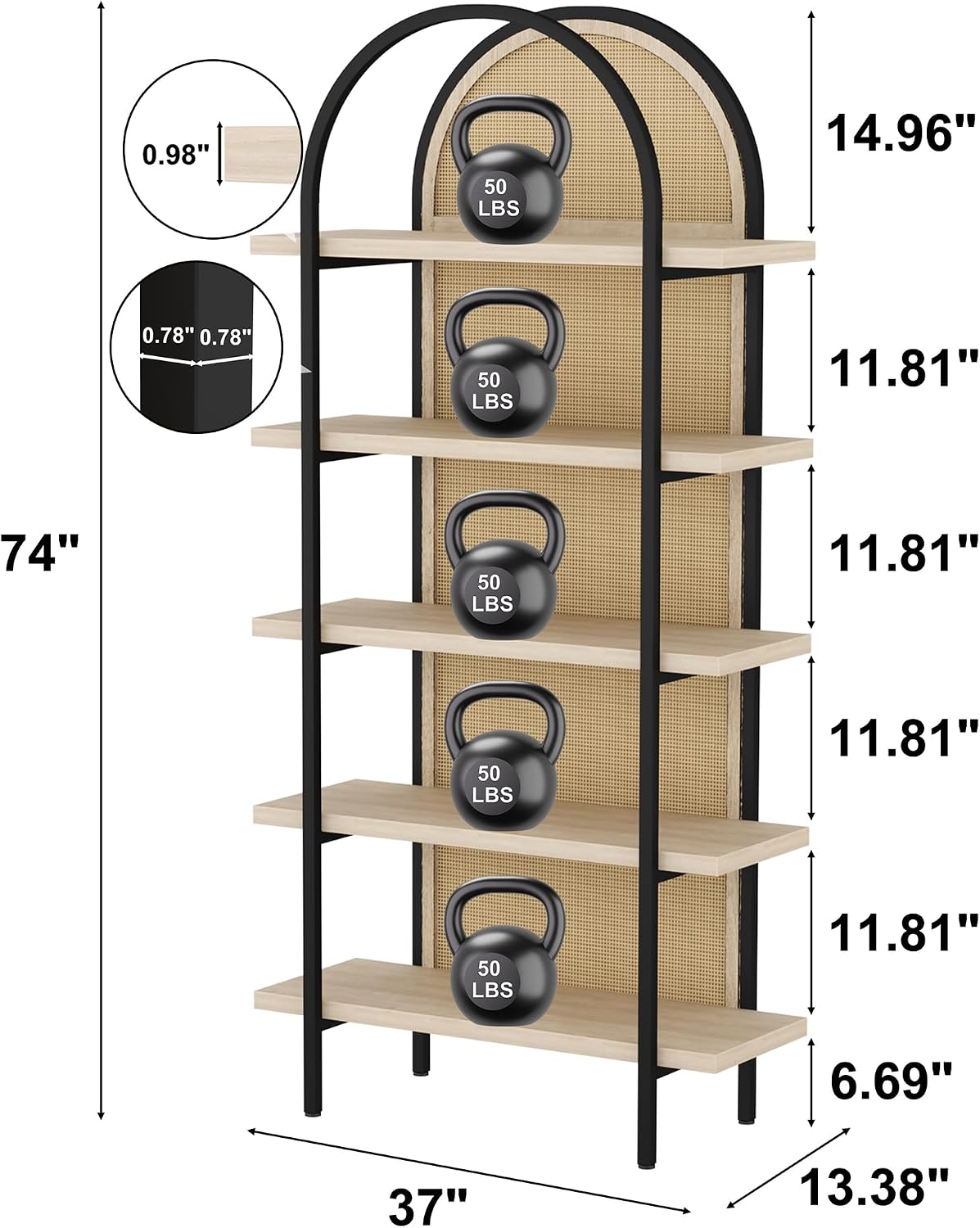 Yusong Bookshelf Rattan 5 Tier Arched Bookcase, 74" Tall Industrial Open Book Shelves for Living Room, Modern Freestanding Display Shelving Boho Storage Rack with Metal Frame for Office, Brown