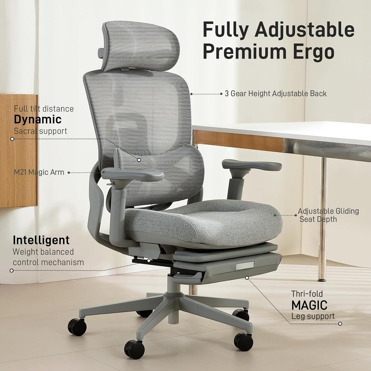 FLOW360 Ergonomic Mesh Office Chair with Footrest, Big&Tall Chair Gray FM