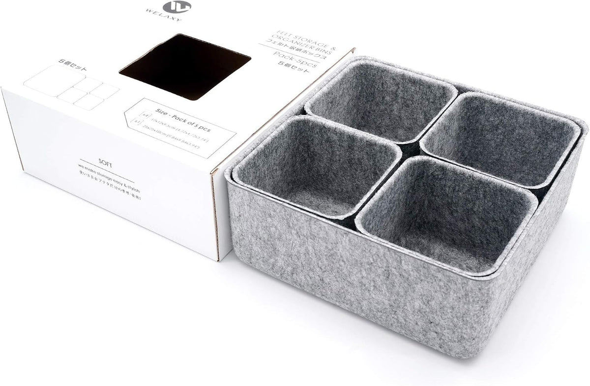 Welaxy Desk Organizers Storage bins Set Office Drawer Organizers Pen holder pencil cup phone stand sticky note storage Closet Cabinet boxes Organizing 5-piece Pack (Gray)
