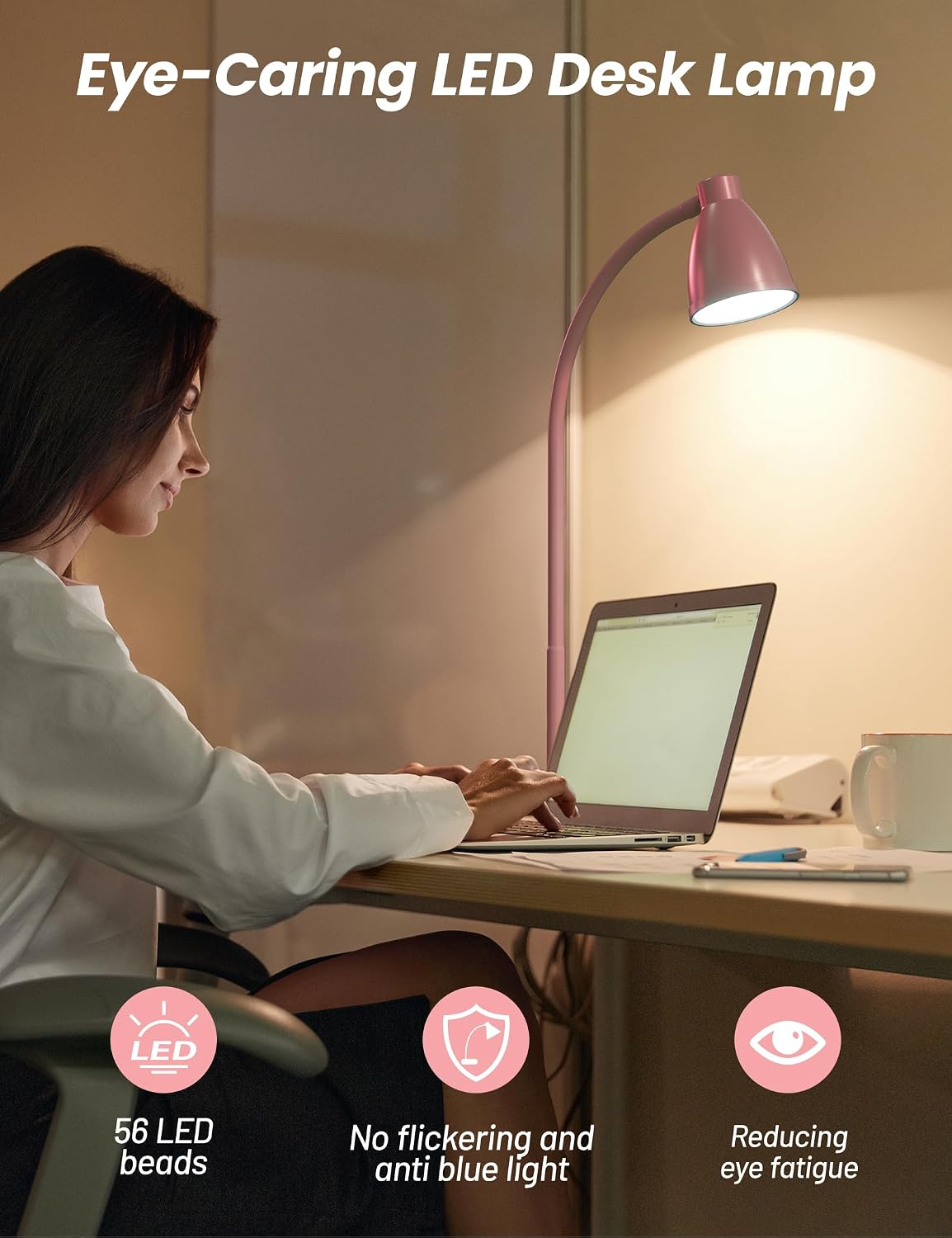 BOHON Cute Desk Lamp with USB Charging Port, 3 Color Modes Dimmable, Pink
