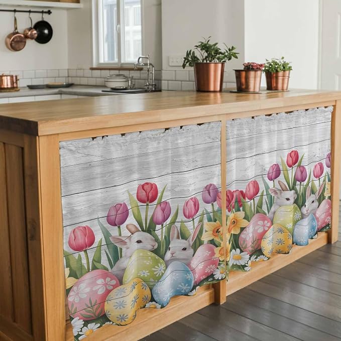 Easter Kitchen Tier Curtains 36 Inch Long 2 Panel Set, Rod Pocket Half Window