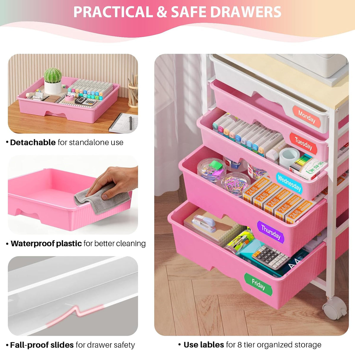 Goovilla Rolling Cart with 5 Drawers for Craft, Art, Dorm, Office, Pink