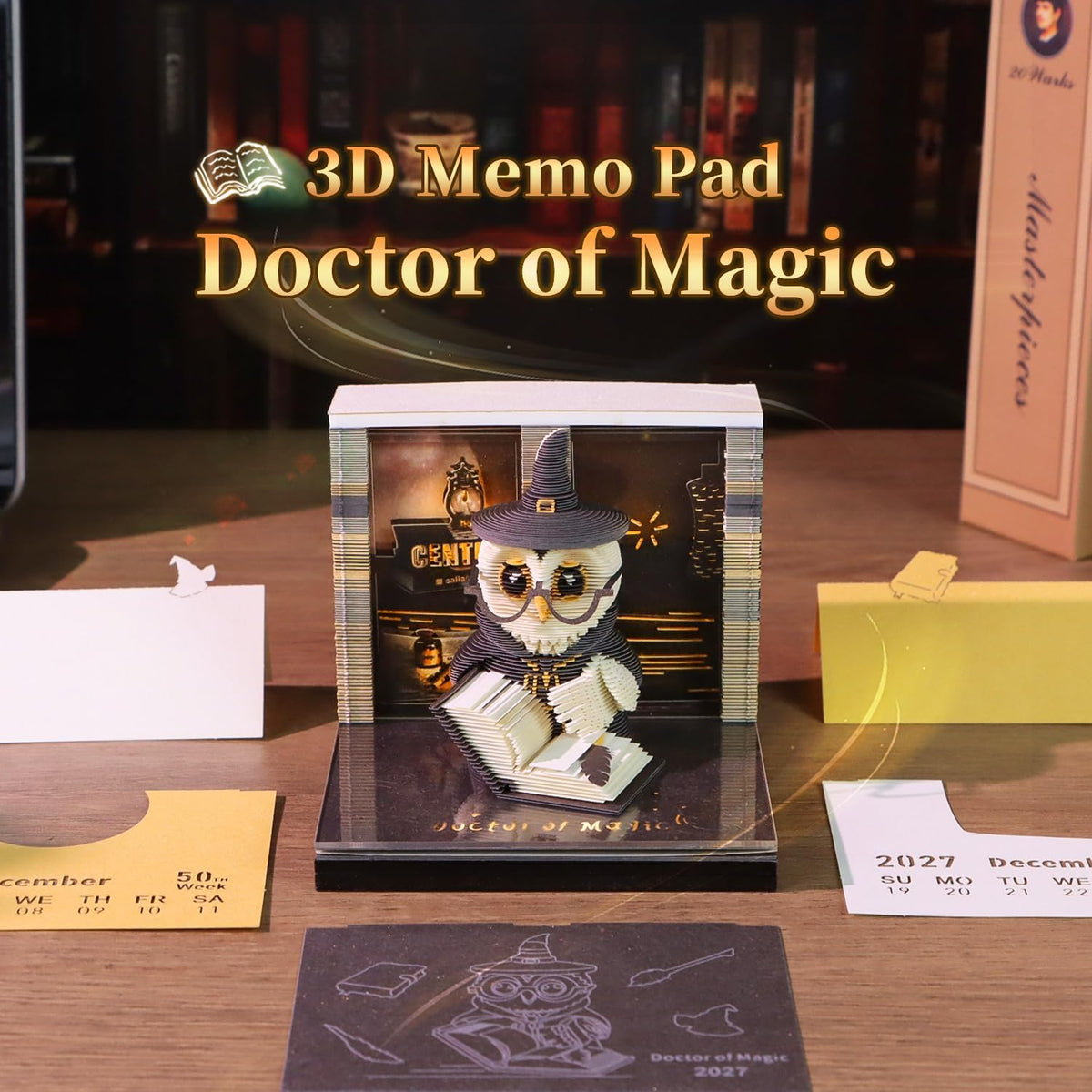 3D Timepiece Calendar 2027 with LED Light, 3D Memo Pad Paper Carving Art, Tear Away Desk Calendar for Daily Planner, Notepad & Bookmark, Creative Paper Sculpture for Office Decor & Gift (Wise Owl)