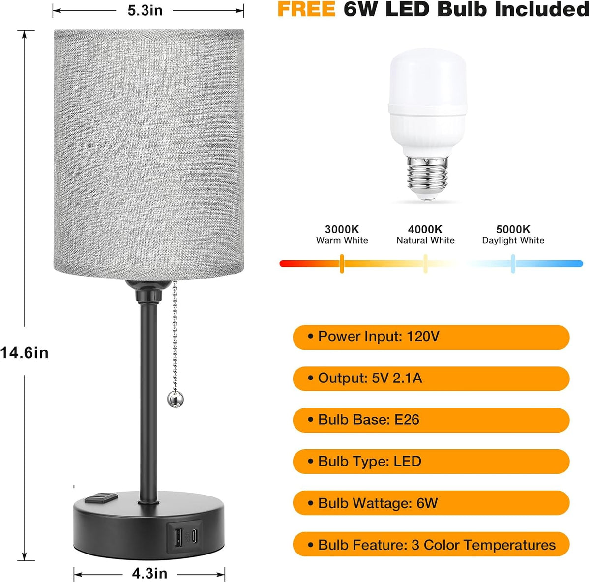 Small Bedside Table Lamp for Bedroom - Desk Lamp with USB Ports for Dorm