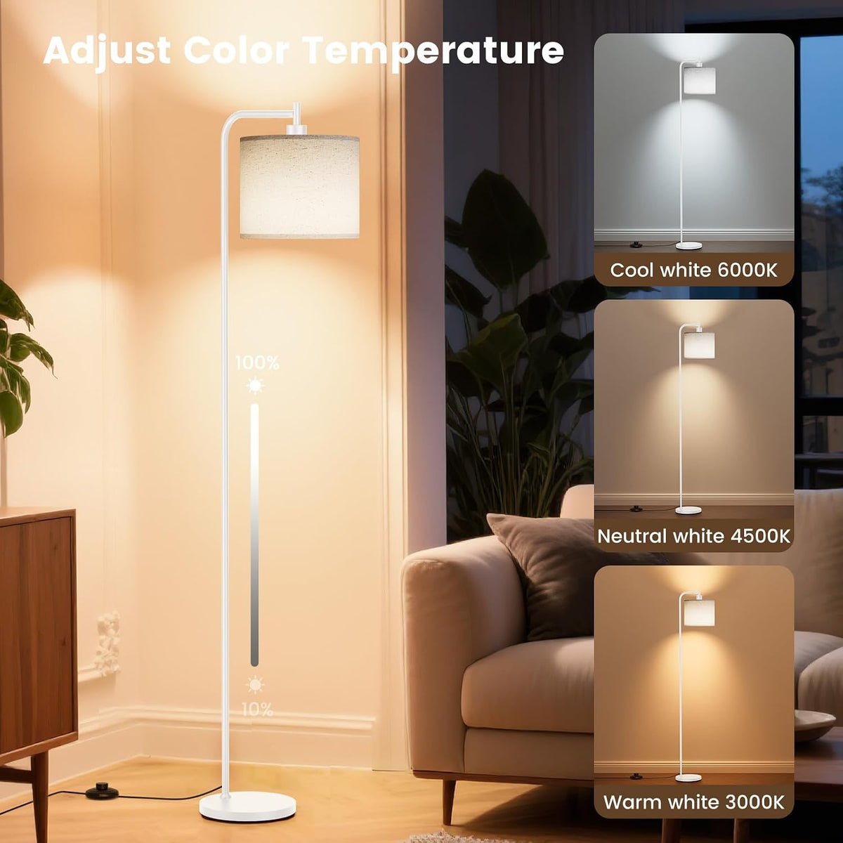 SIBRILLE Floor Lamp for Living Room, Tall Standing Lamp with Linen Shade