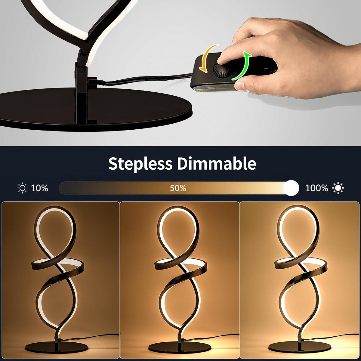 Modern Small Table Lamp with LED Spiral Design, 12W Black Nightstand Lamp