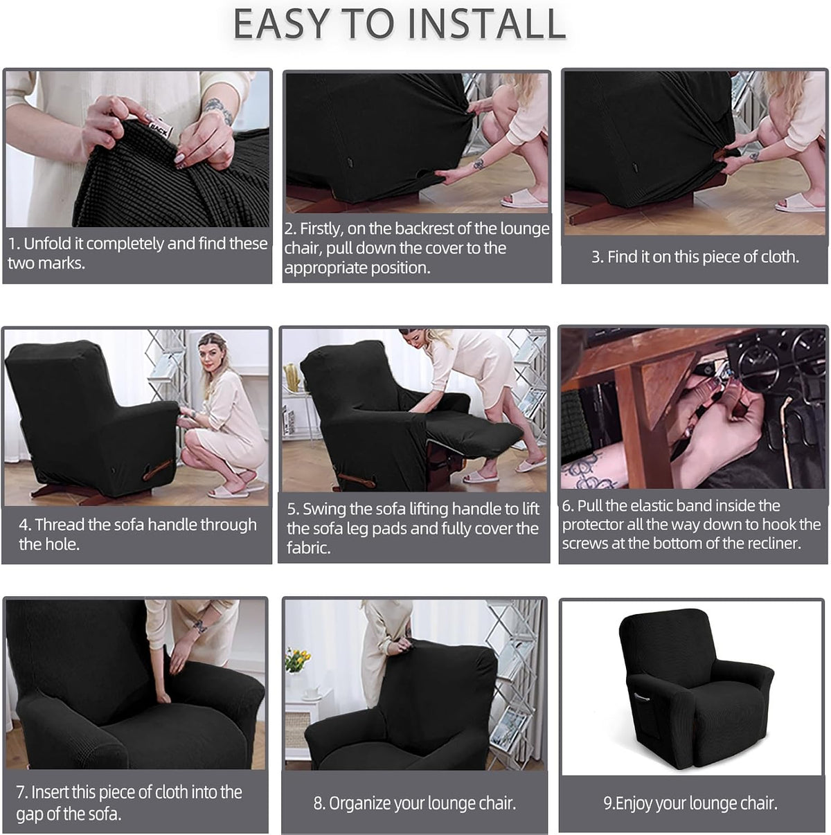 KEKUOU Recliner Chair Covers, 1-Piece Lazy Boy Recliner Covers, Black