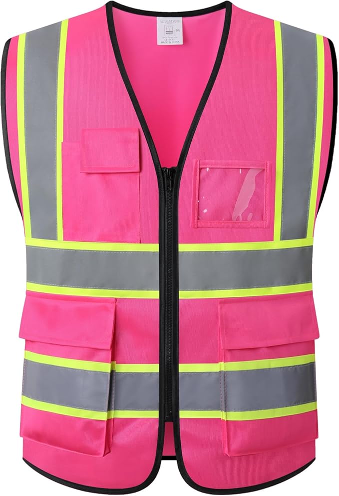 Pink High Visibility Safety Vest for Men Women with 5 Pockets and Zipper Hi Vis Construction Work Vest with Reflective Strips,Meets ANSI/ISEA Standards(EK175-Pink-XL)