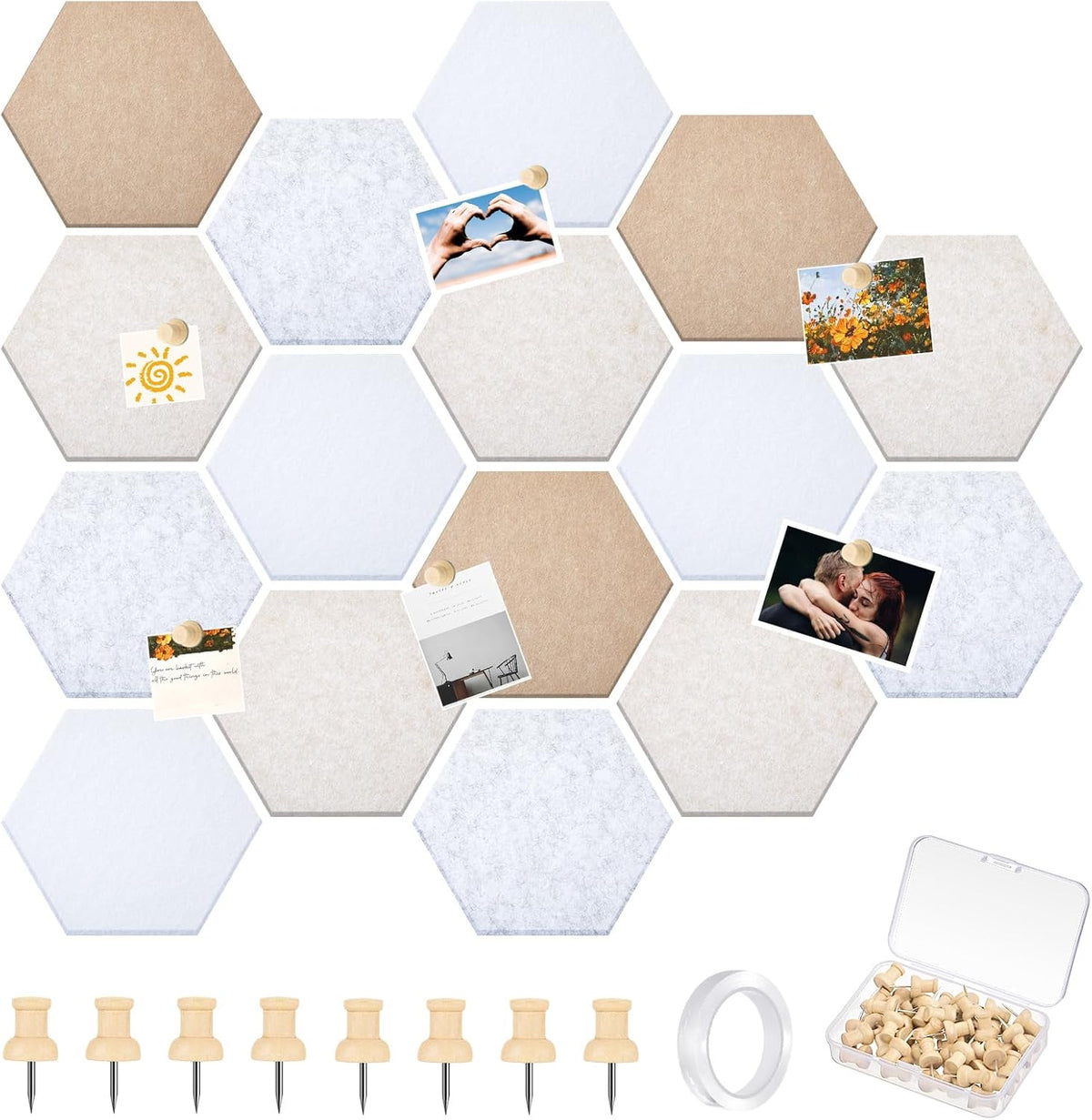 12x10 in 16 Pcs Hexagon Cork Board Tiles, Felt Pin Boards, Retro