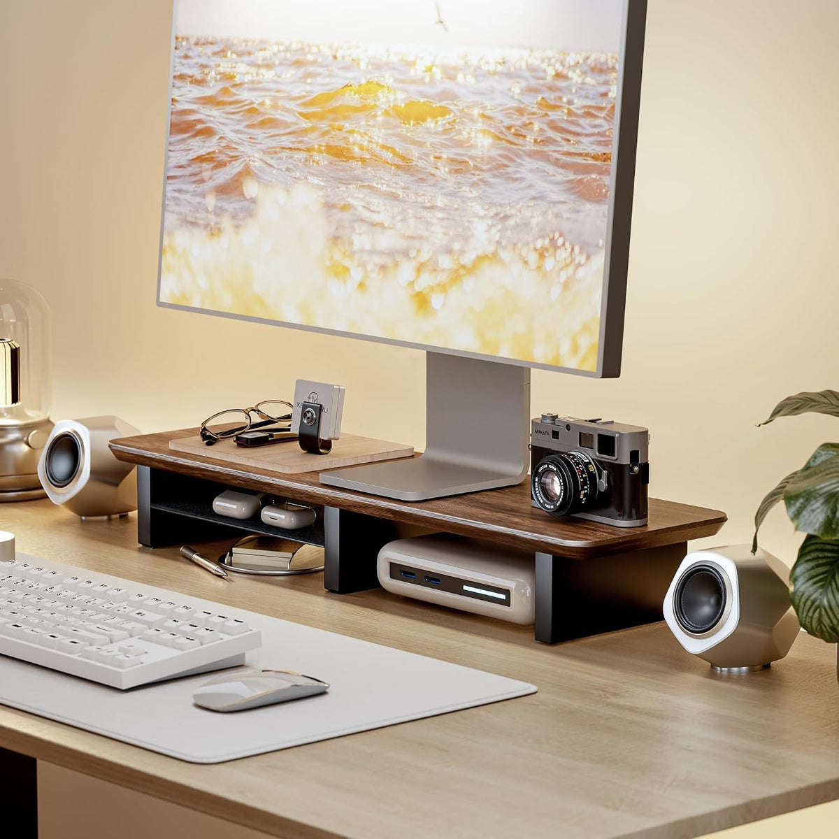 PEGZONE 31.5" Dual Monitor Riser, Metal Shelf Wooden Desk Organizer