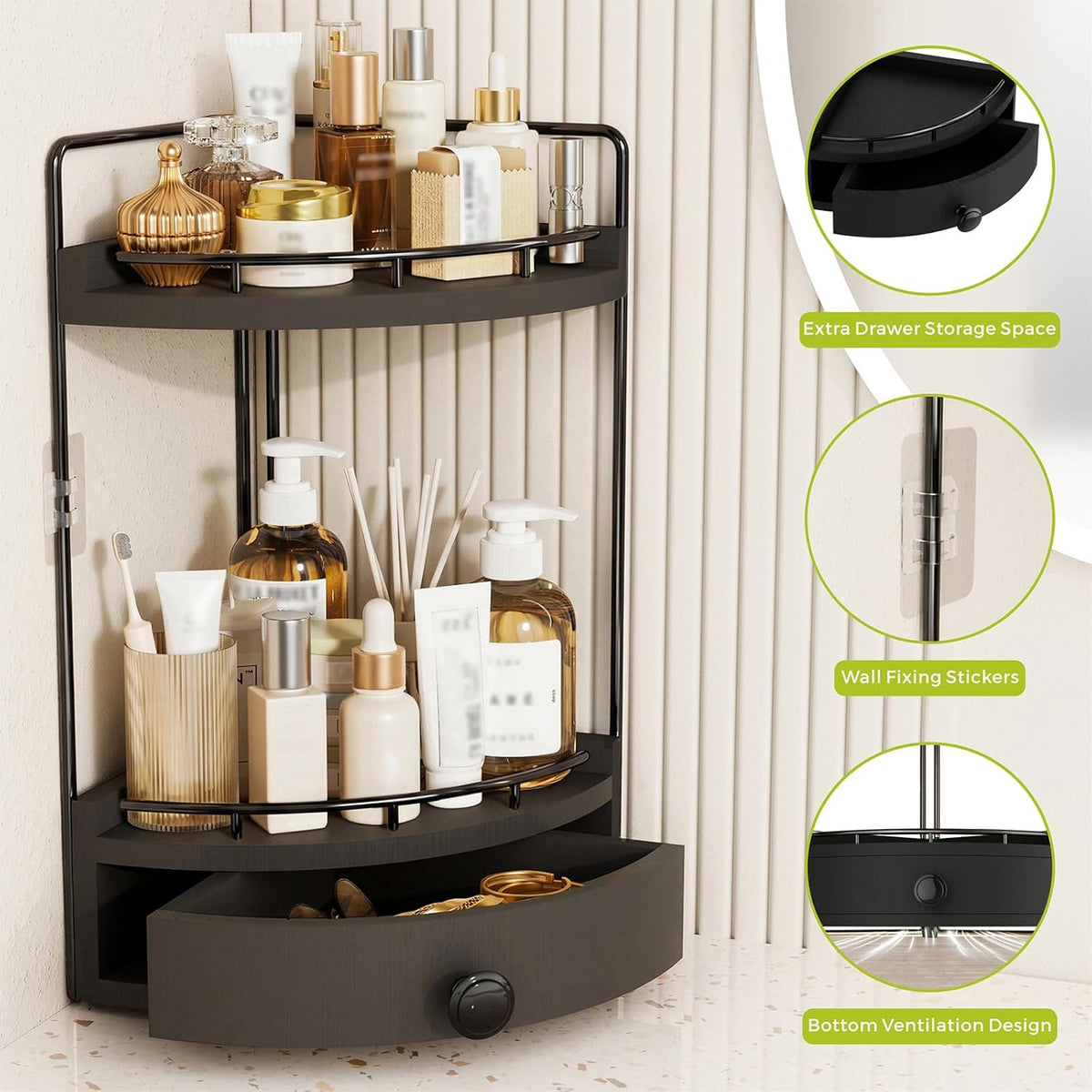 2-Tier Corner Bathroom Counter Organizer with Drawer, Black