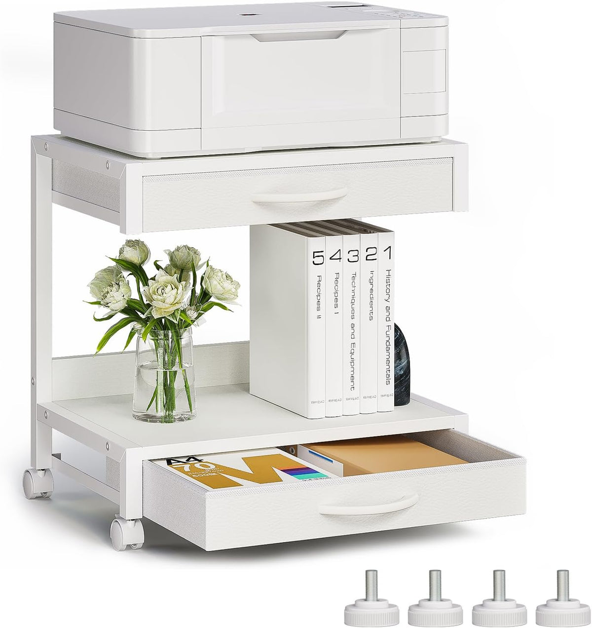 VENNQD 2-Tier Desktop Printer Stand with 2 Fabric Drawers, Prtiner Table with Storage Shelf, Desk Organizer for Home Office,3D Printer,Fax Machine,Scanner (White, 2 Tier)