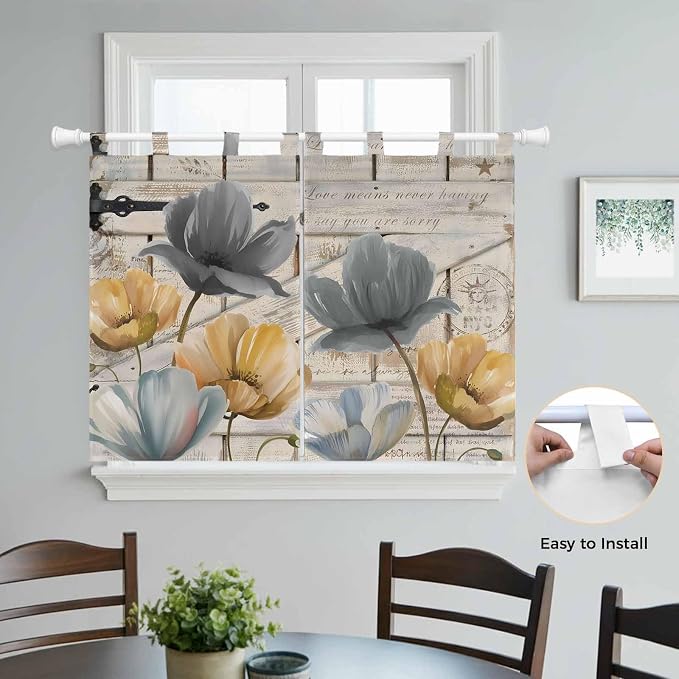 Spring Tulips Flower Kitchen Curtains 45 Inch Length, Short Cafe Window
