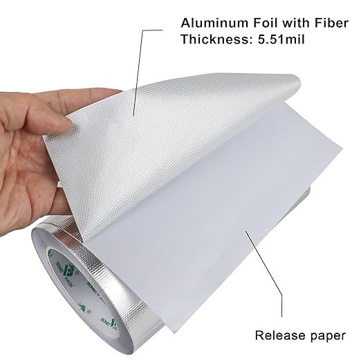 BOMEI PACK Adhesive Aluminum Foil Heat Shield Tape Barrier, Fiberglass Thermal Insulation Reflective Material High Temp Protection (8in*66ft)