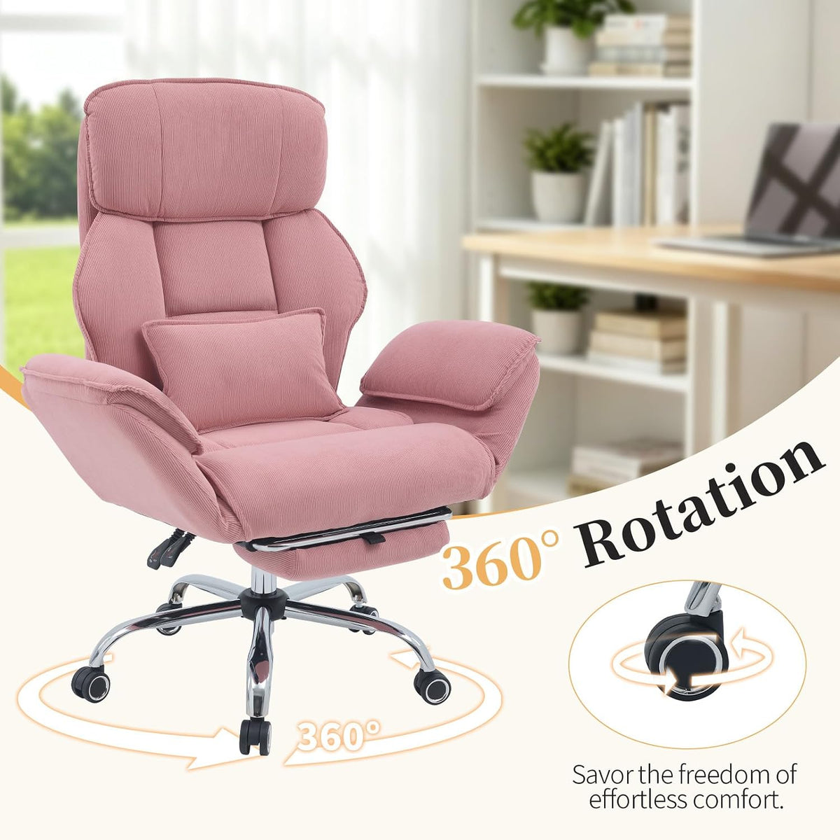 Criss Cross Office Chair with Footrest - 5-Gear Flat Armrests Corduroy Desk Chair, Reclining Wide Ergonomic Computer Chair with Lumbar Pillow, High Back Swivel Vanity Chair