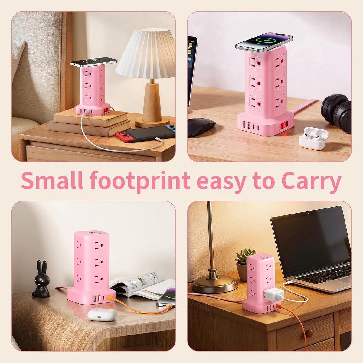 Extension Cord with Multiple Outlets, SMALLRT Outlet Extender with 12 AC Outlets 4 USB, 6.5FT Power Strip Tower for Home Office Supplies, Pink