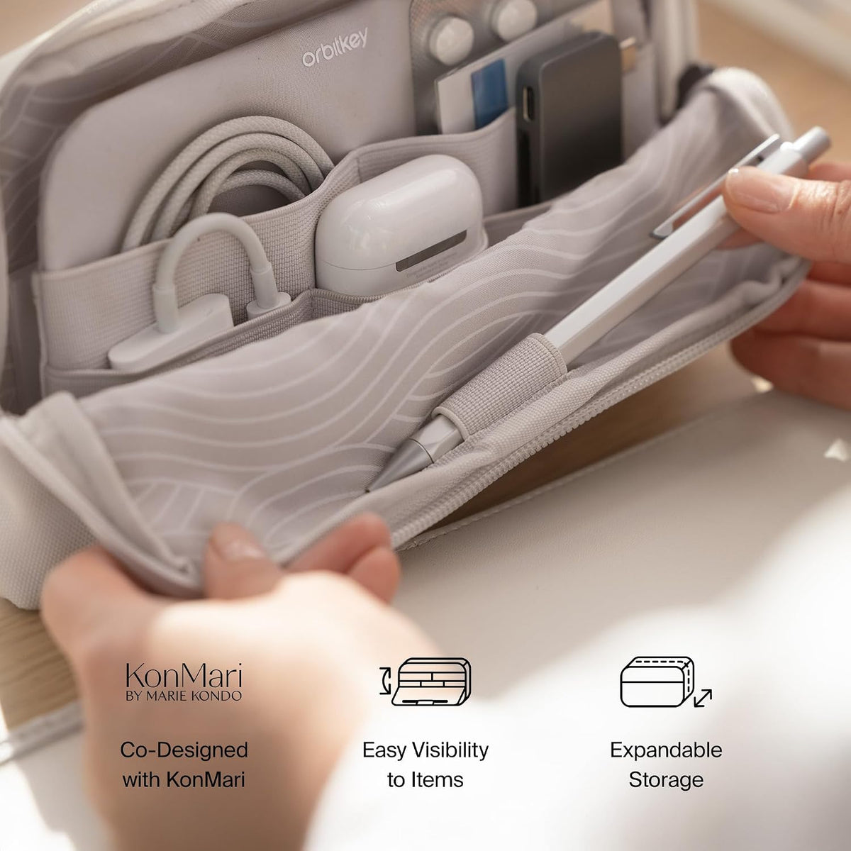 orbitkey KonMari Desk Pouch - Stone Portable Tech Organizer