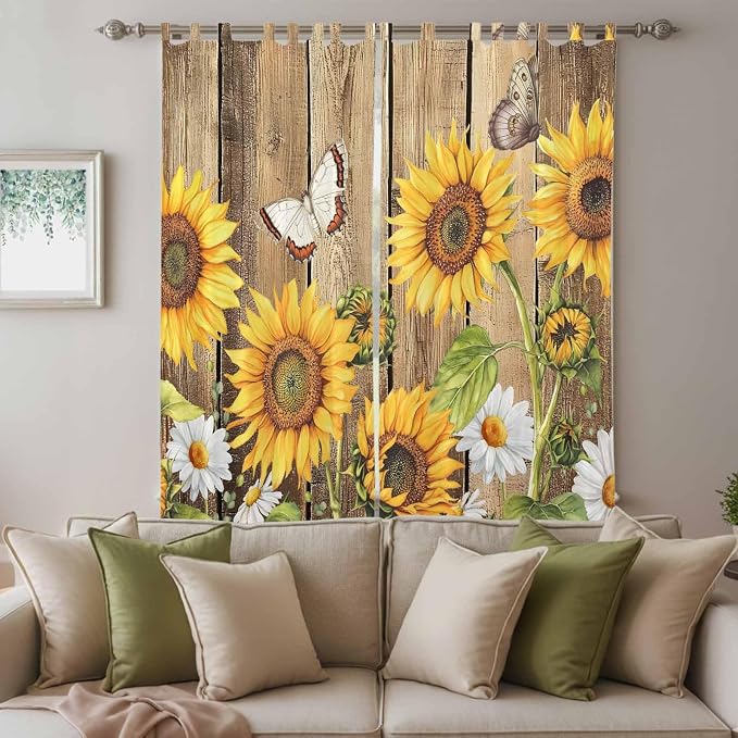 Farmhouse Sunflowers Living Room Curtains 84 Inch Length, Window Curtains Tab