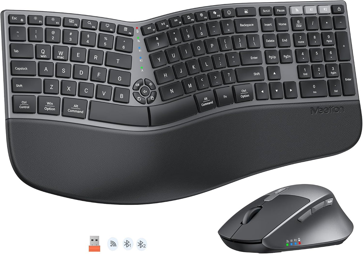 MEETION Ergonomic Keyboard and Mouse, Split Curved 2.4G/Bluetooth Keyboard