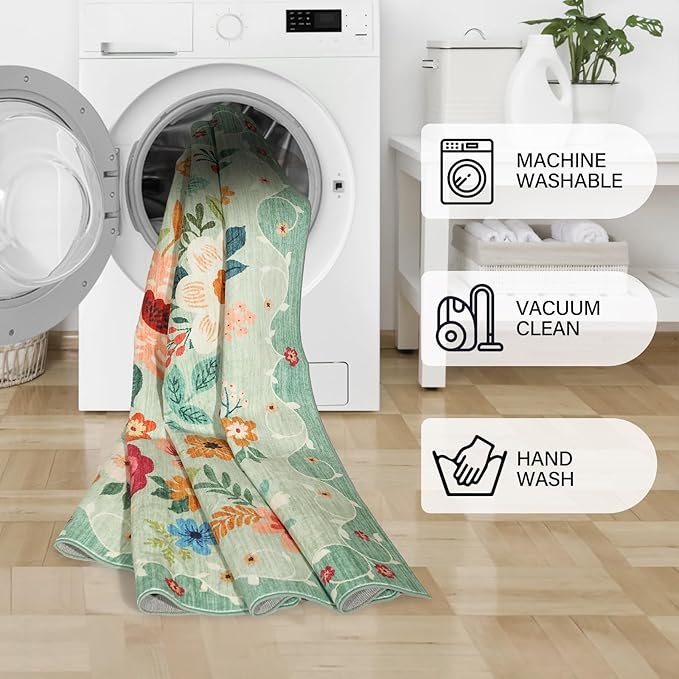DUKINO 3x10 Runner Rug for Hallway, Washable Kitchen Floral Runner Rug