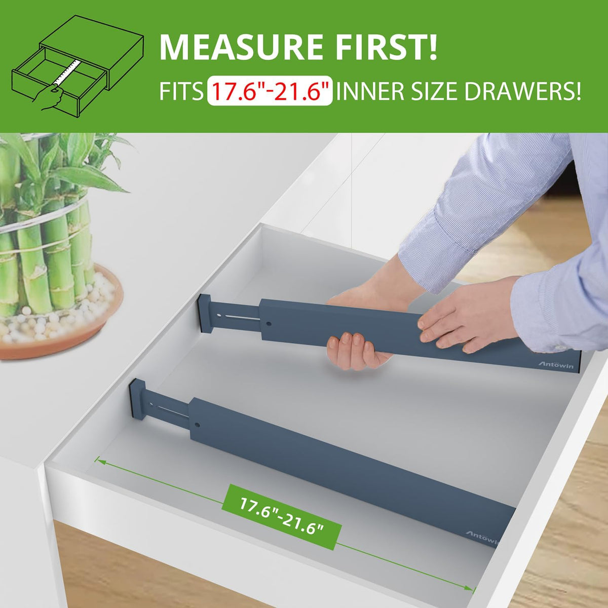 ANTOWIN Expandable Bamboo Drawer Dividers, Fits 17.6-21.6" Drawers