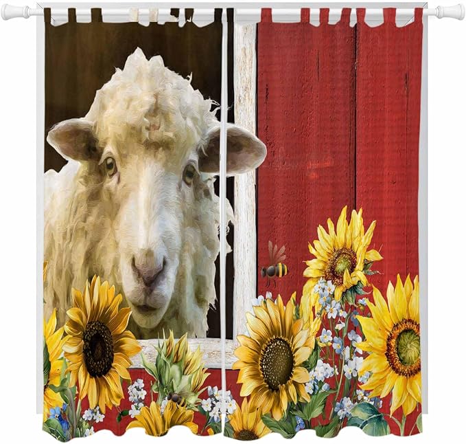 Sheep Flowers Living Room Curtains 84 Inch Length, Window Curtains Tab Top