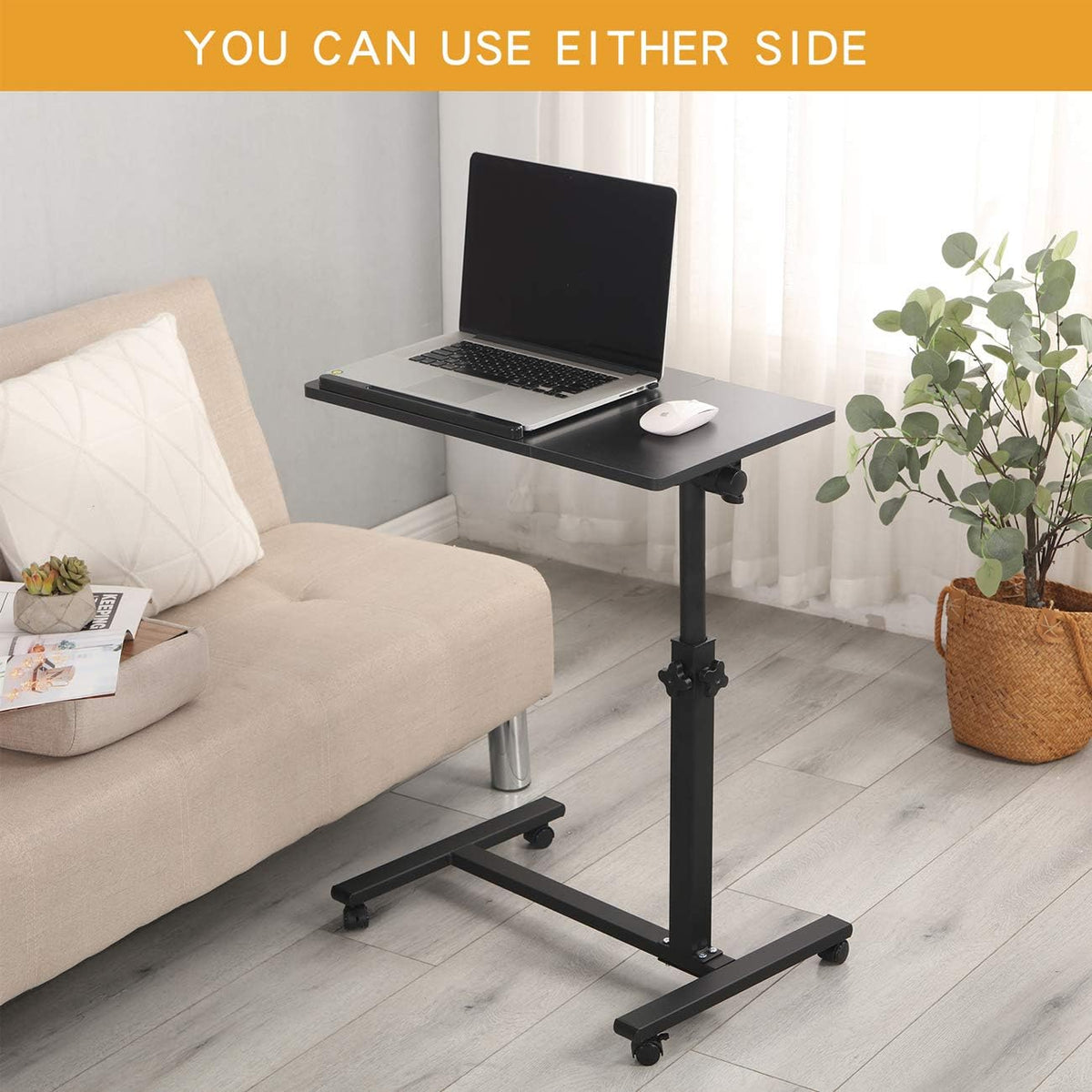 TigerDad Overbed Bedside Desk Mobile Rolling Laptop Stand Tilting Overbed Table with Wheels Height Adjustable Tray Table for Laptop Bed Sofa Side Table, Home & Hospital Use (Black)