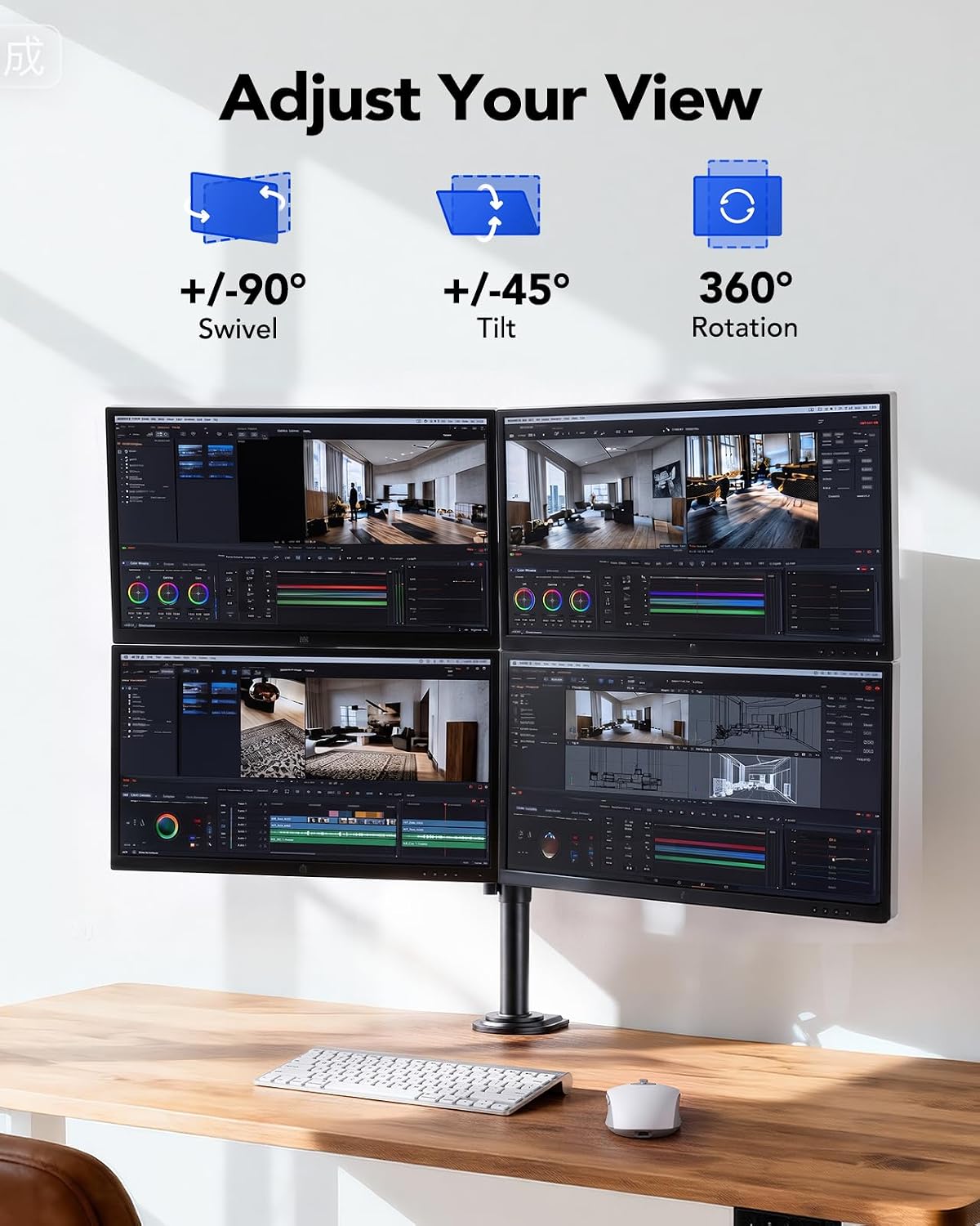 HUANUO Quad Monitor Mount for 13-32 Inch Screens, 4 Monitor Stand with Larger Base, Holds 22 lbs per Arm, Fully Adjustable Stacked Mount, Tilt Swivel Rotation, VESA 75x75/100x100mm, Cable Management
