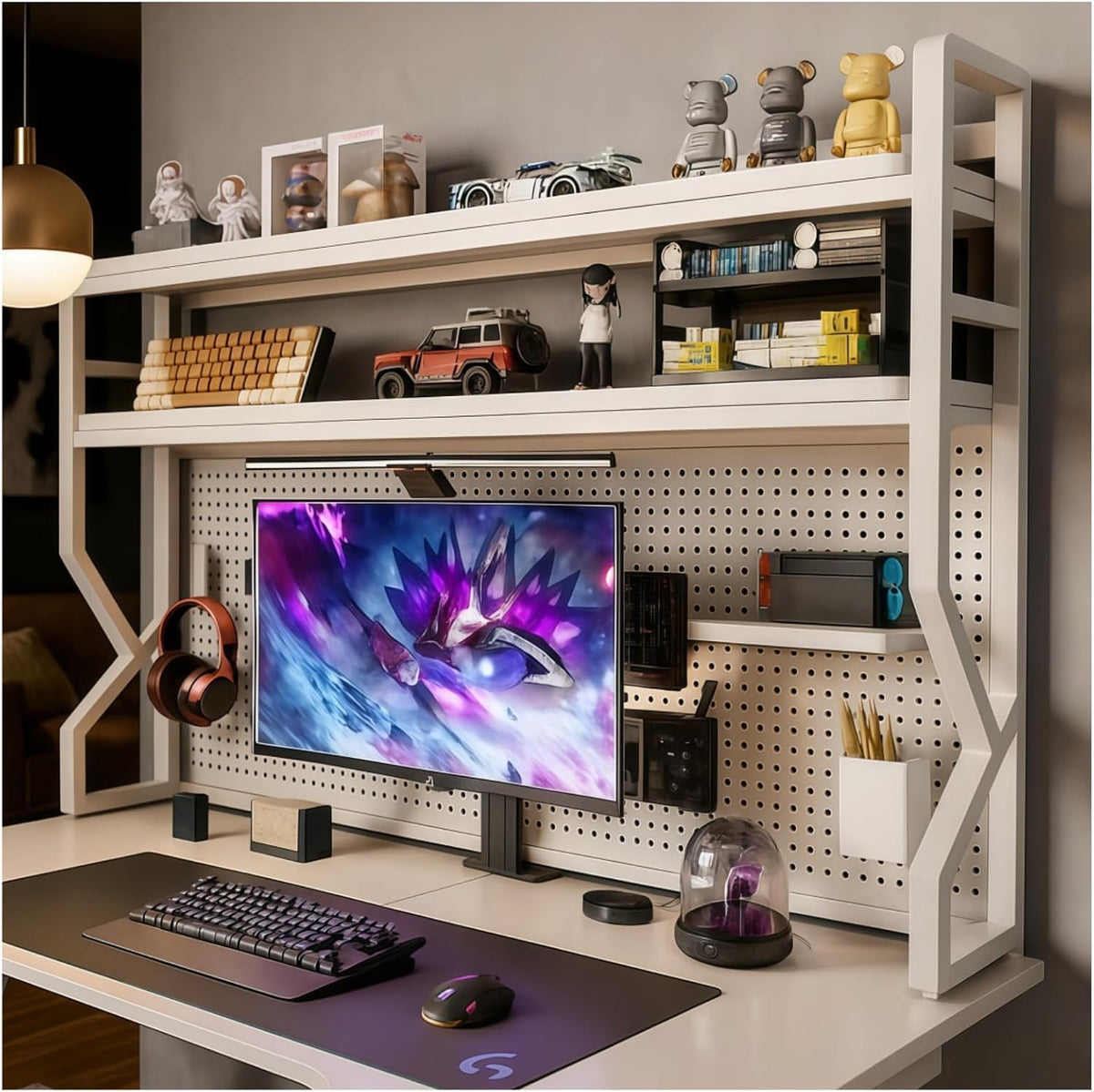 Desktop Hutch Bookshelf,Many Gifts,Metal Desktop Bookcase with pegboard, Desk Shelf, Countertop Storage Organizer Rack for Dorm or Office,Desktop Shelves (White, 45.3" Lx9.9 Wx39 H)