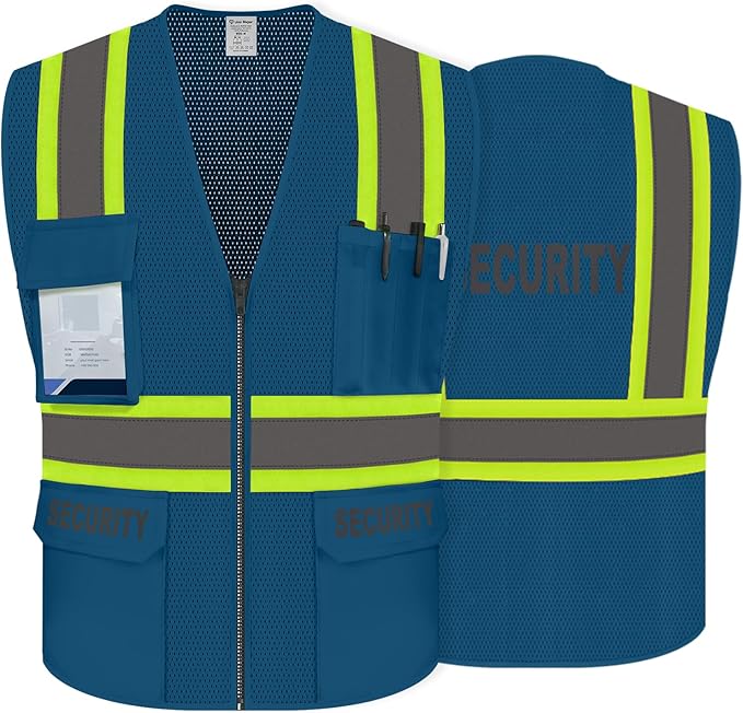 Security Vest for Security Guard, Safety Vest with Pockets, High Visibility Work Vest with Reflective Strips, Mesh Design, ANSI Compliant, Blue, L