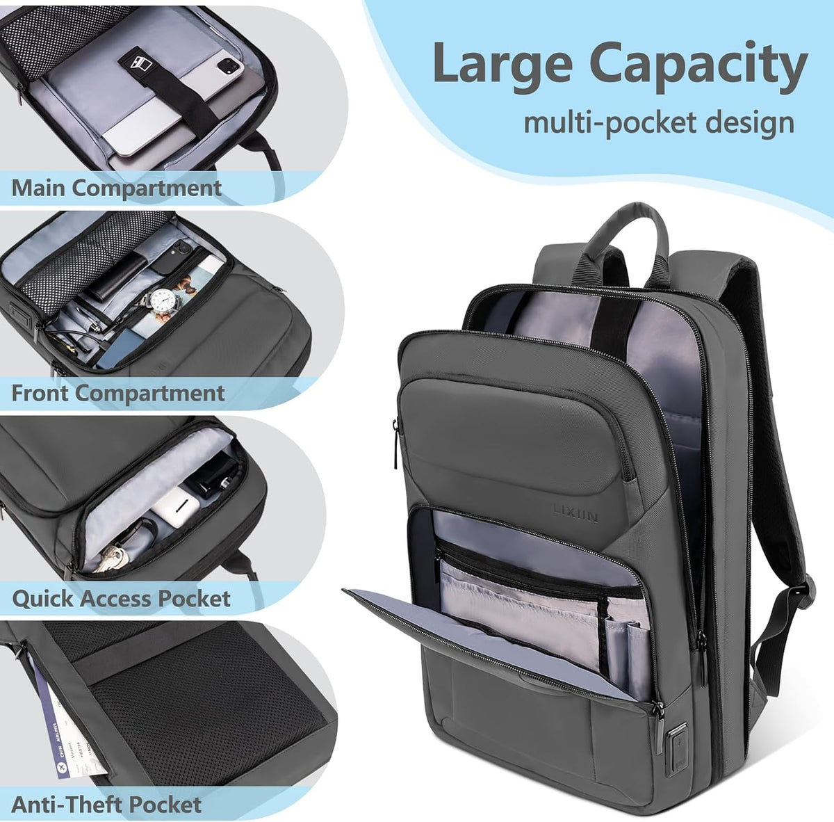 Backpack for Men Slim & Expandable Travel Laptop Backpack with USB Charging Port Water Resistant Anti-Theft Business Backpack Fits 15.6In Laptop for Commute Work College with Small Bag(Simple Gray)