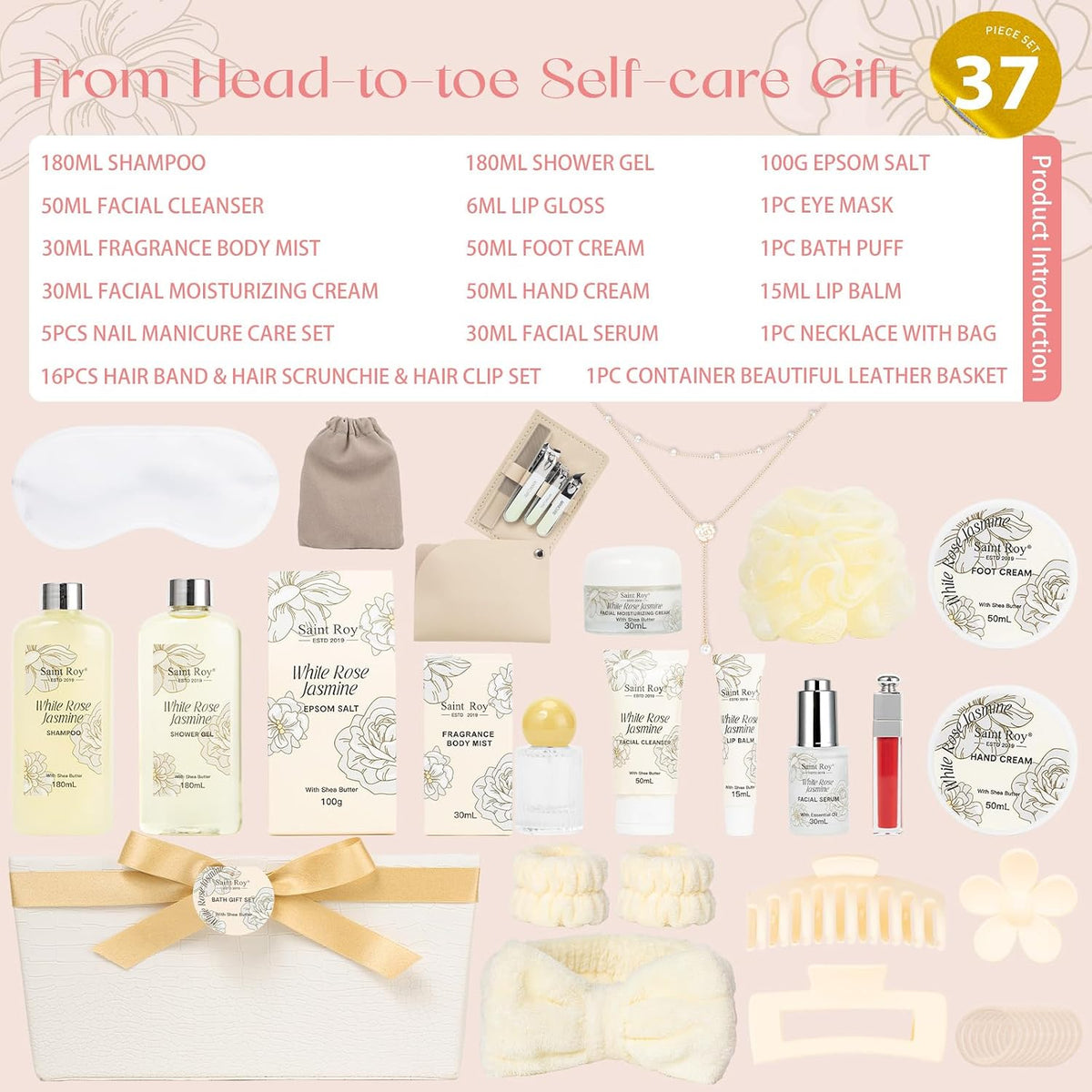 37Pcs Rose Jasmine Bath and Body Gift Basket, Facial Skin Care Set, Spa Kit