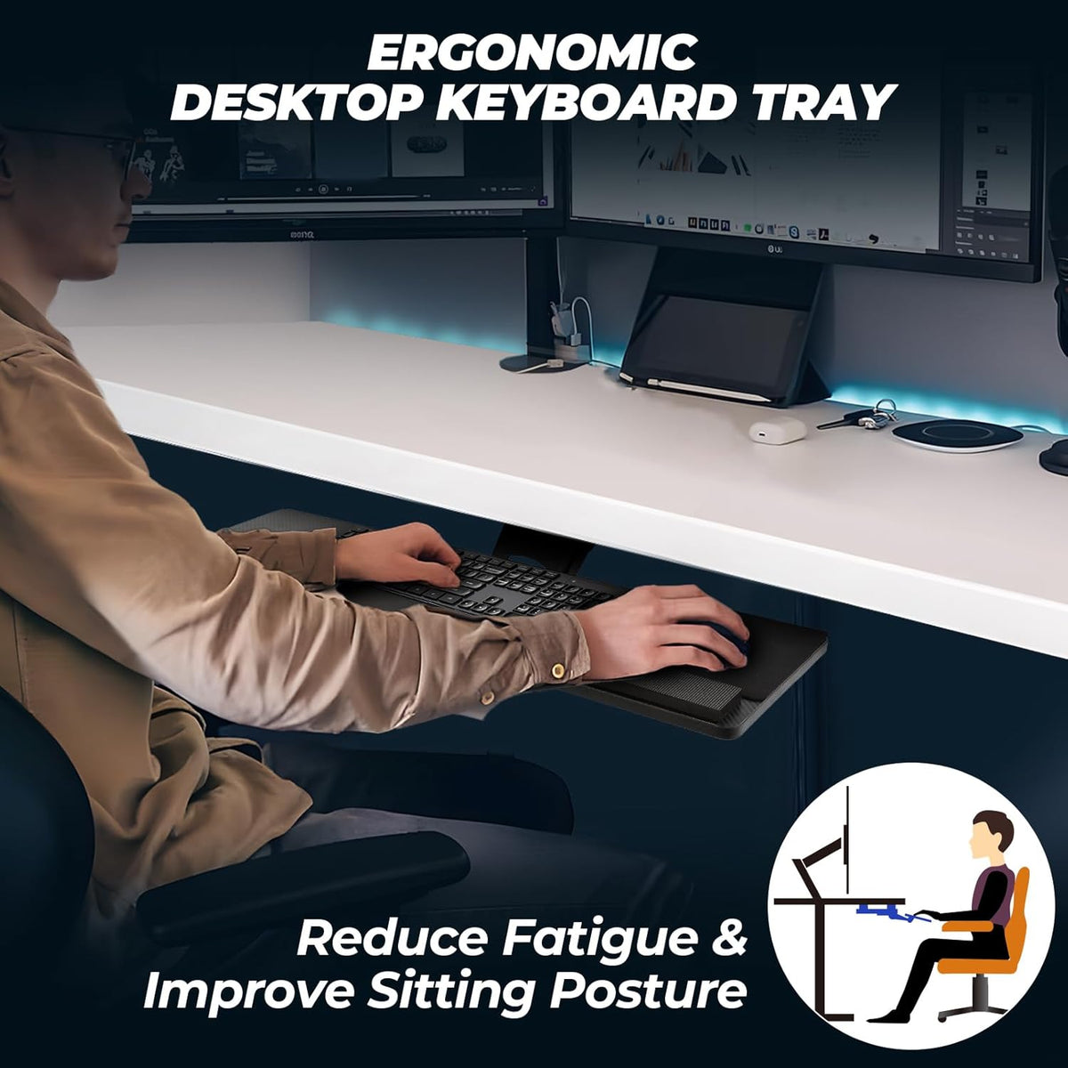 FAHKNS Ergonomic Keyboard Tray Under Desk, Large Size Keypad Tray Holder