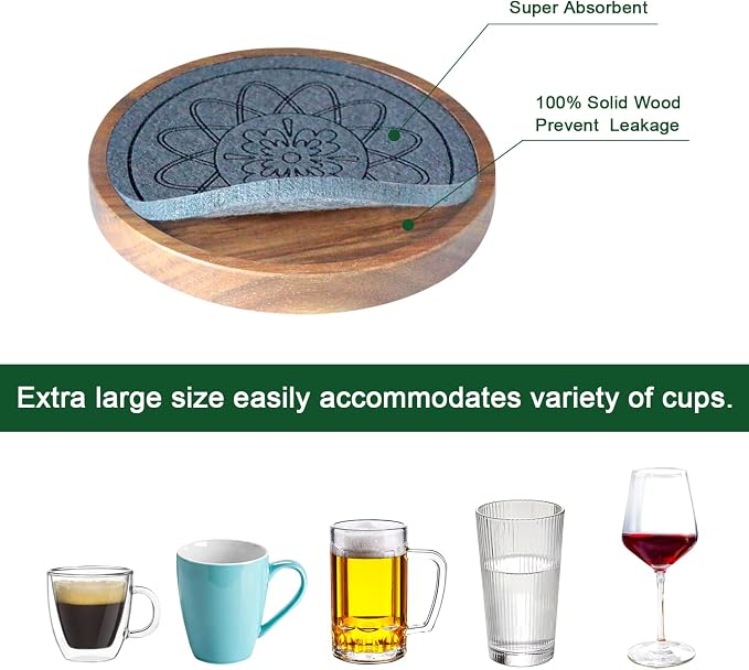 Wood Coasters for Drinks, Absorbent Coaster Sets of 5, Drinks Coasters for