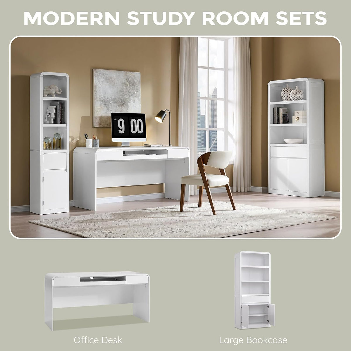63" Modern Computer Desk with 2 Drawers, Wood Curved (White)
