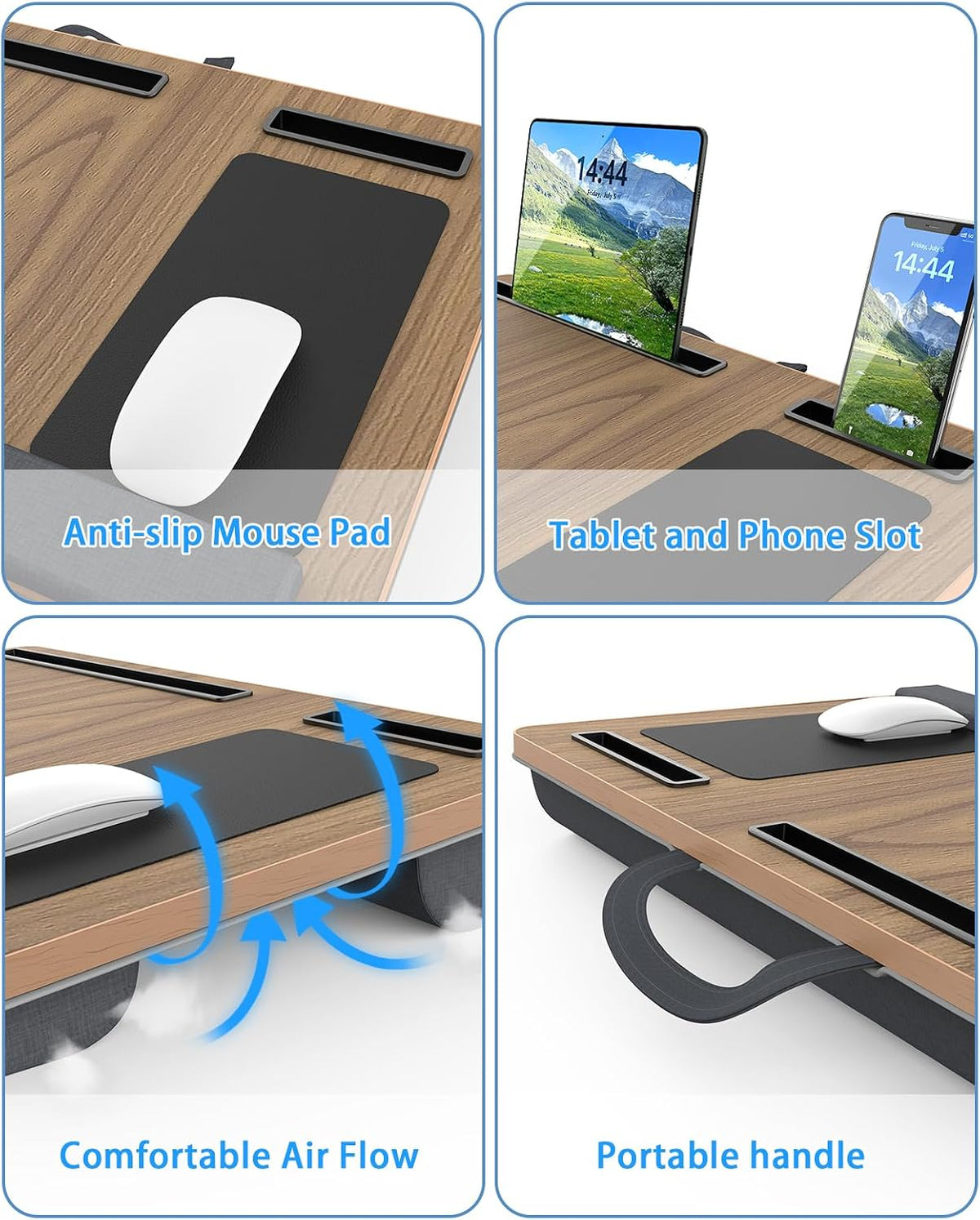 HETTHI Laptop Lap Desk, Portable Large Laptop Desk for Bed, Up to 17 in Lap Table with Wrist Rest, Mouse Pad, Tablet Phone Slot, Portable Handle, Cushion (Dark Brown Woodgrain)