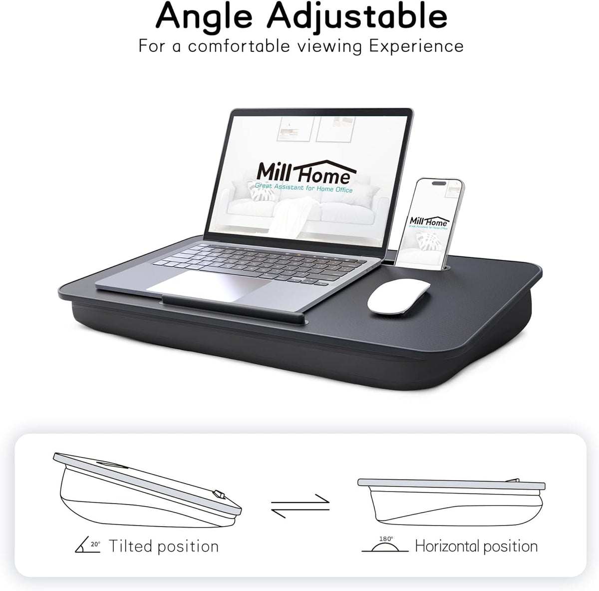 Lap Desk with Cushion, Fits up to 17 inch Laptop, Pillow Designed, Portable Laptop Stand with Tray, Pad & Phone Holder, Home Office for Bed/Couch/Car/Reading/Writing,MillHome (Black)