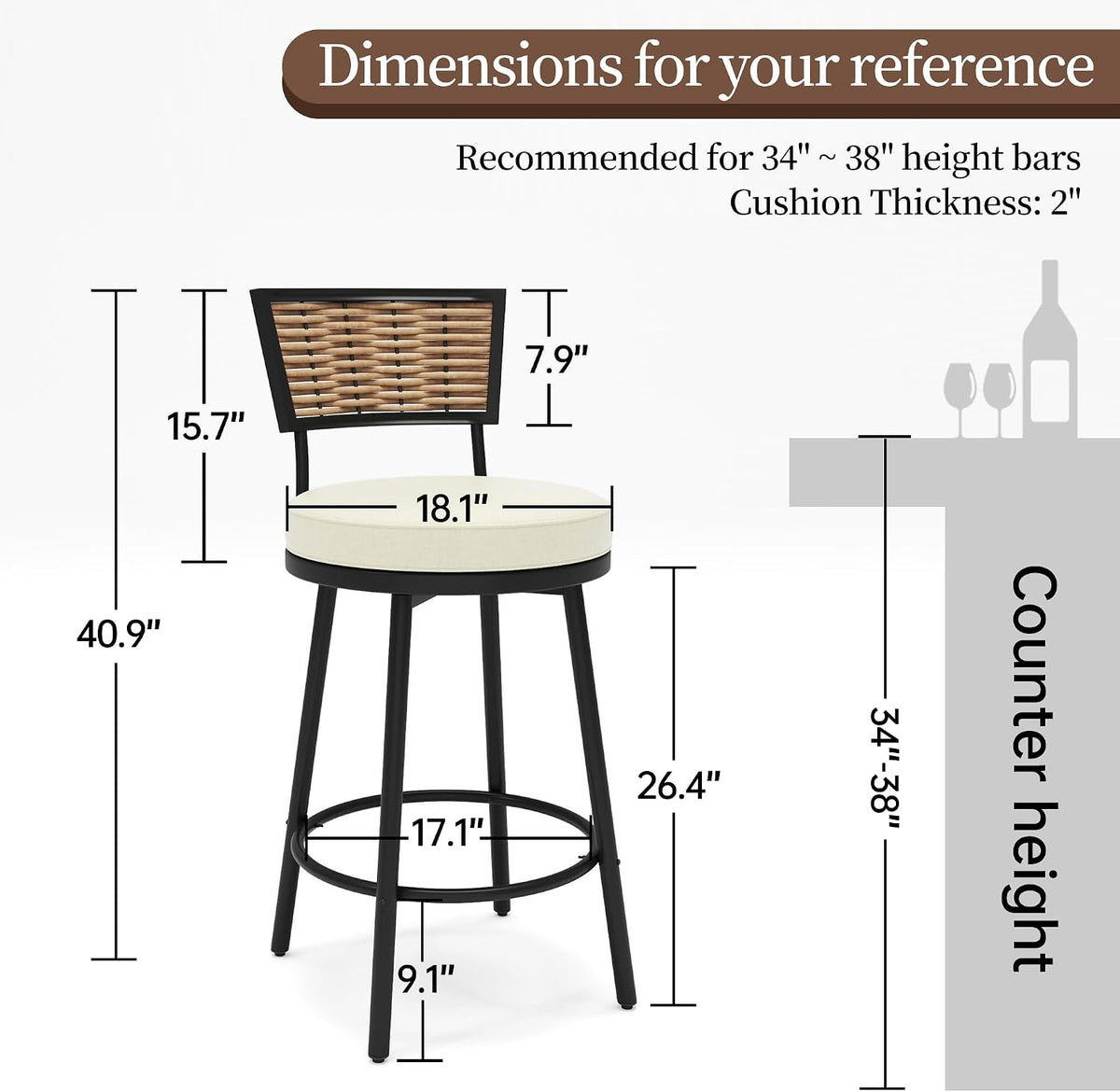 PIZZELLO Patio Swivel Bar Stools Set of 2, Outdoor Bar Height Chairs