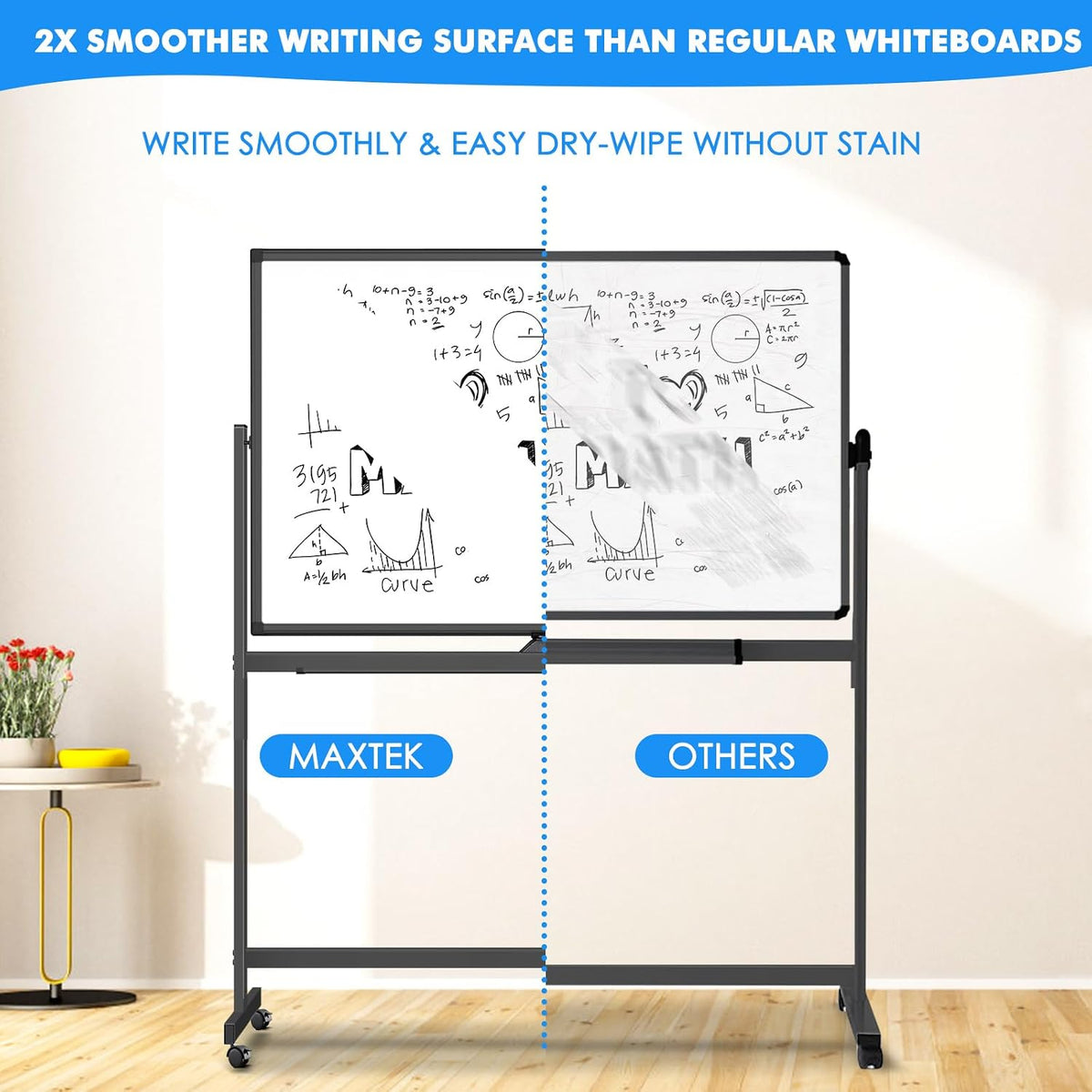 Maxtek Rolling White Board on Wheels 48x32 in, Double-Sided Magnetic Black