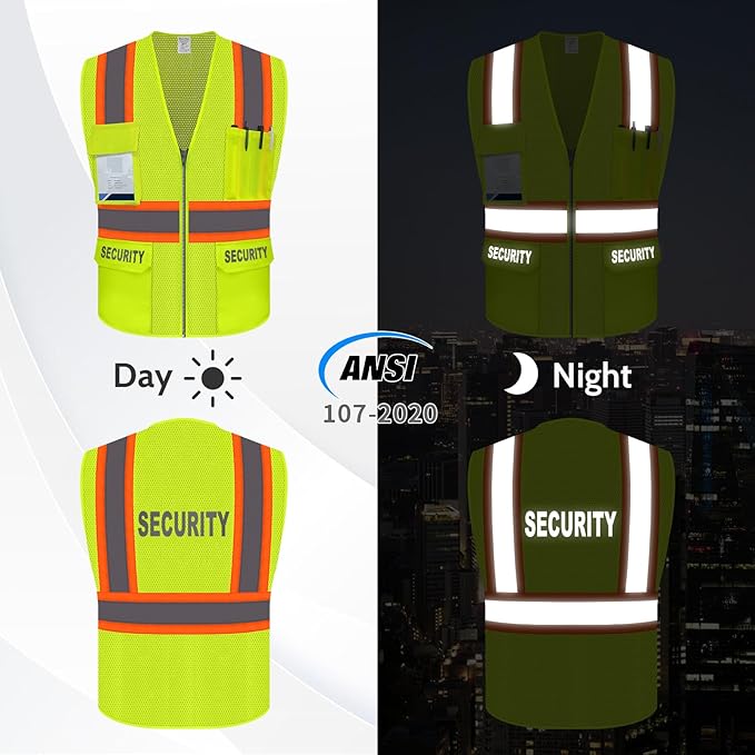 Security Vest for Security Guard, Safety Vest with Pockets, High Visibility Work Vest with Reflective Strips, Mesh Design, ANSI Compliant, Yellow, L