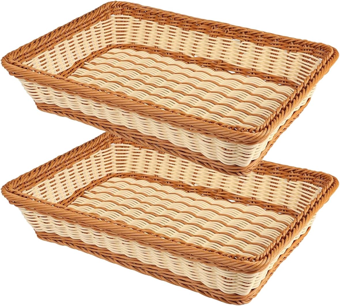 RT&BS 2pcs Wicker Bread Basket for Serving, Wicker Fruit Basket, Display Baskets for Vegetable Fruit, Reusable Handwoven Serving Baskets for Kitchen, Store, Restaurant, Outdoor (Bicolor, M)