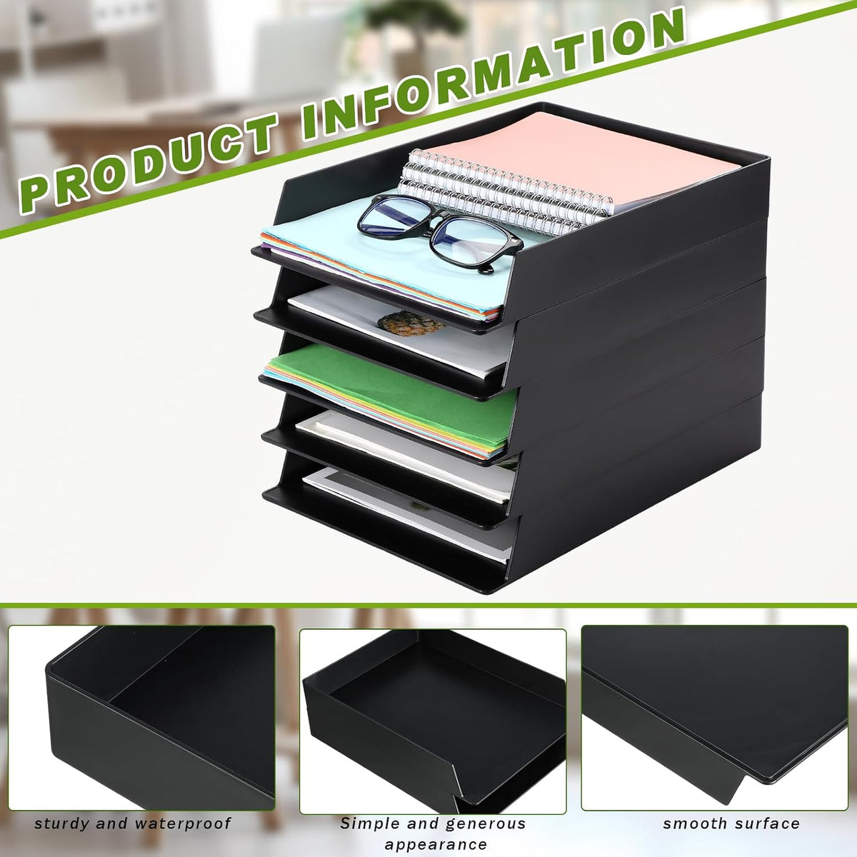 Wenqik 20 Pcs Stackable Paper Letter Trays Plastic Desk Organizer, Black