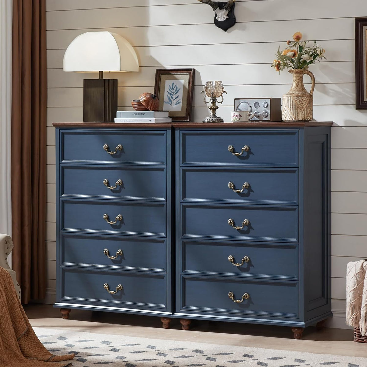 Joaxswe Farmhouse 5 Drawer Dresser for Bedroom, 45" Tall Rustic Chests of Drawers w/ 4 Solid Wood Feet, Mid Century Modern Wooden Closet Storage Dressers Organizer for Living Room, Hallway, Navy Blue