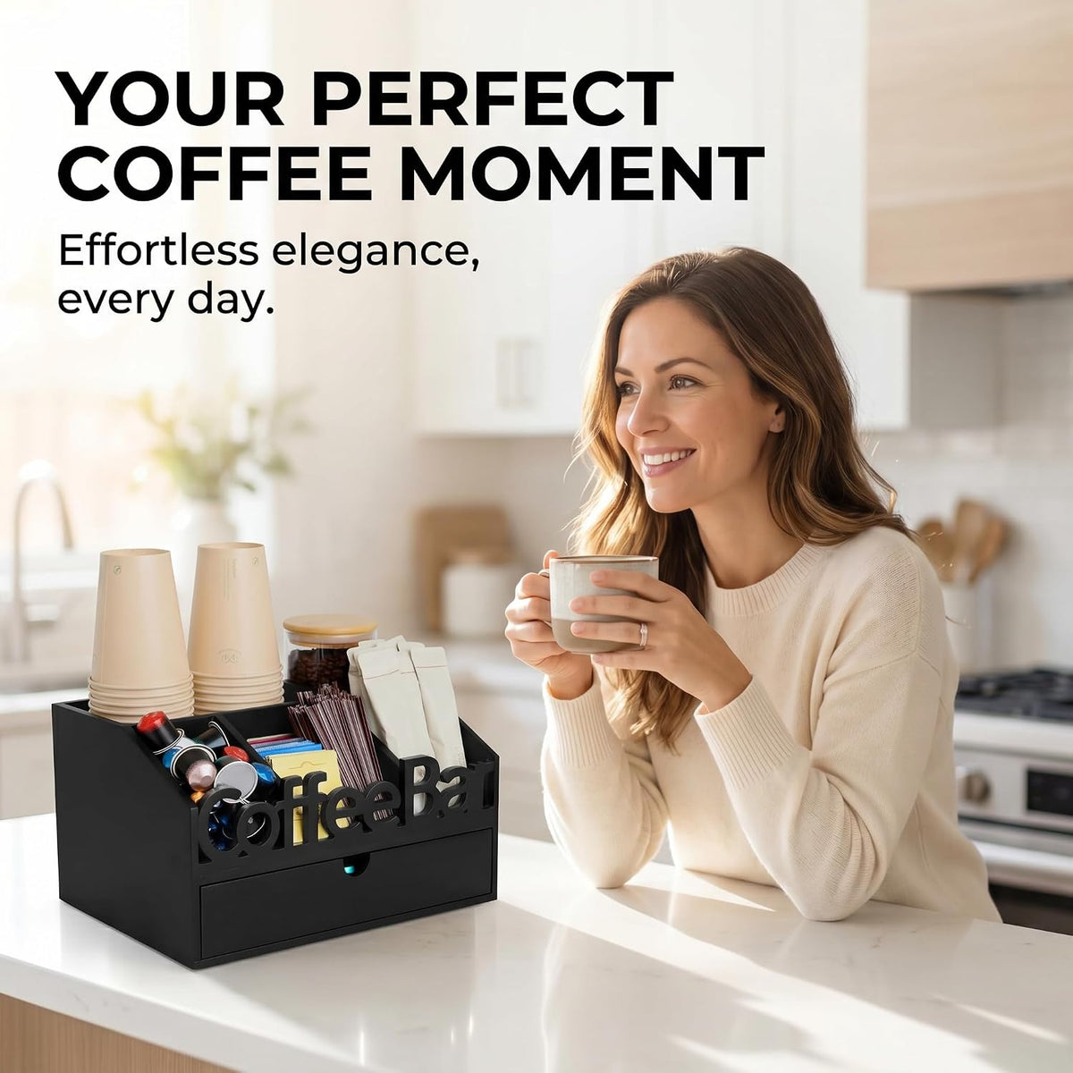 Coffee Bar Organizer Countertop, Wooden Coffee Station with Black Drawer