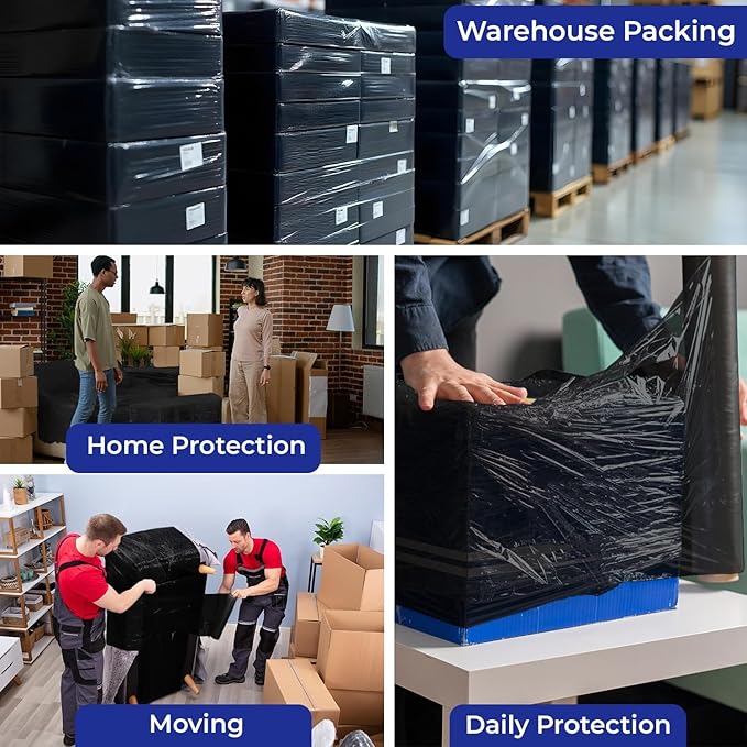 Rosmonde Bulk Plastic Wrap For Moving, 200 Rolls, 80 Gauge Thick Black Industrial Shrink Wrap Roll, True 18" x 1500 ft Stretch Wrap, 3" Core, Black Stretch Film Roll for Warehouses, Moving & Packaging
