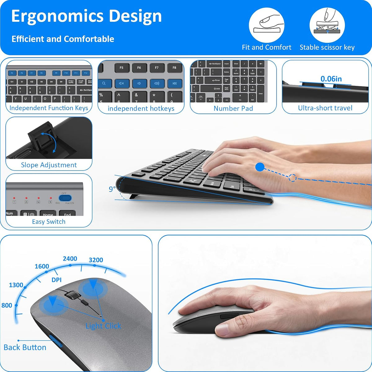 Keyboard and Mouse Wireless, Slim Flat Silent Quiet Black & Gray