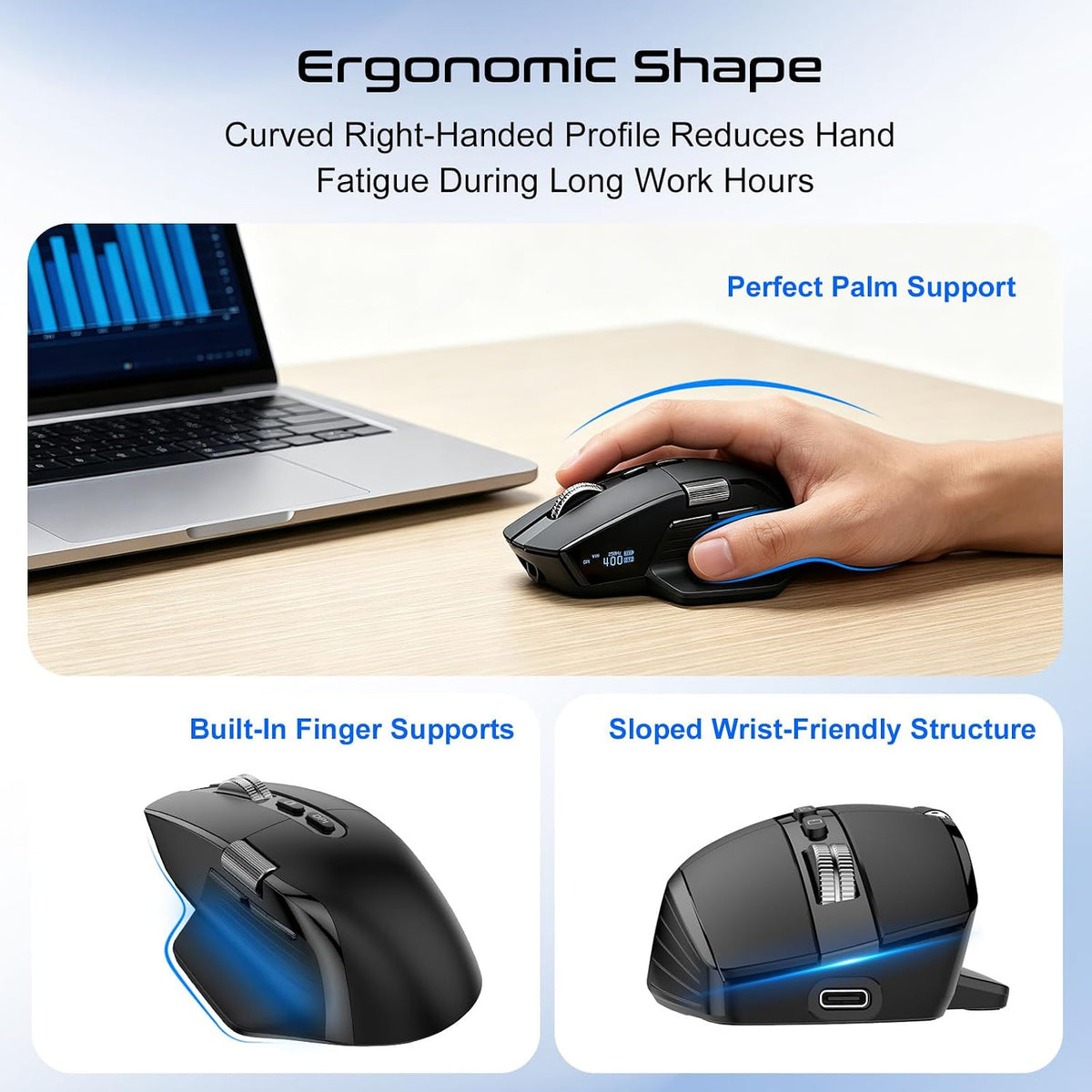 AVOVR Tri-Mode Wireless Bluetooth Ergonomic Gaming Mouse, Black