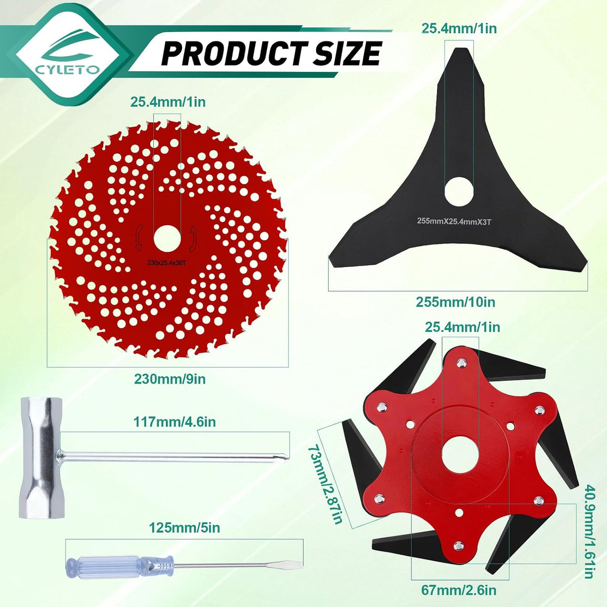 9" x 36 Teeth Carbide Tipped Blades & 6 Steel Razors Trimmer Head & 10" x 3 Teeth Carbon Steel Brush Cutter Blades with 2 Different Adapter Kits Compatible with Brush Cutter, Trimmer, Weed Eater
