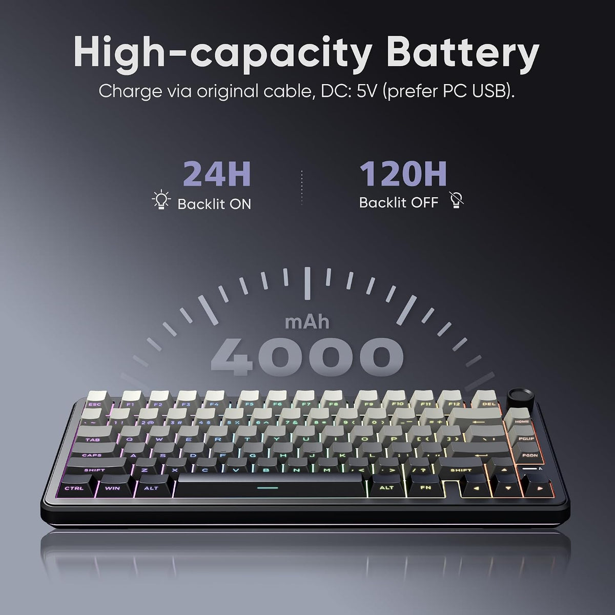RedThunder K75 Wireless Mechanical Gaming Keyboard with Knob, 75% Layout Creamy Keyboard with Side RGB Light, Pre‑lubed Linear Switches, Side‑engraved PBT Keycaps, Wireless Wired BT 5.0, Gradient Gray
